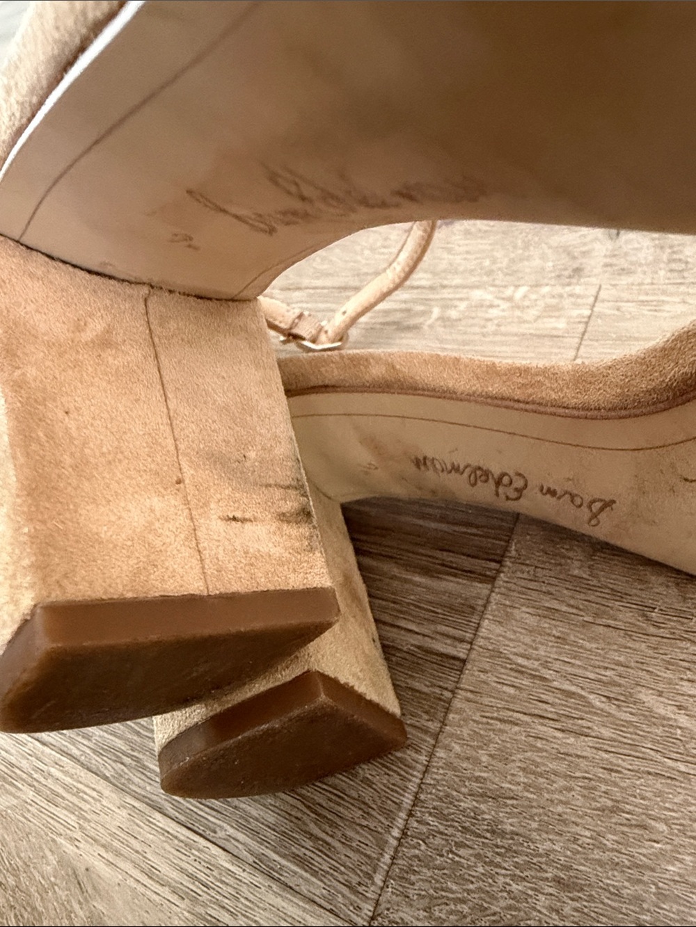 Sam Edelman Tan Suede Scalloped Ankle-Strap Block Heels - Picture 6 of 8